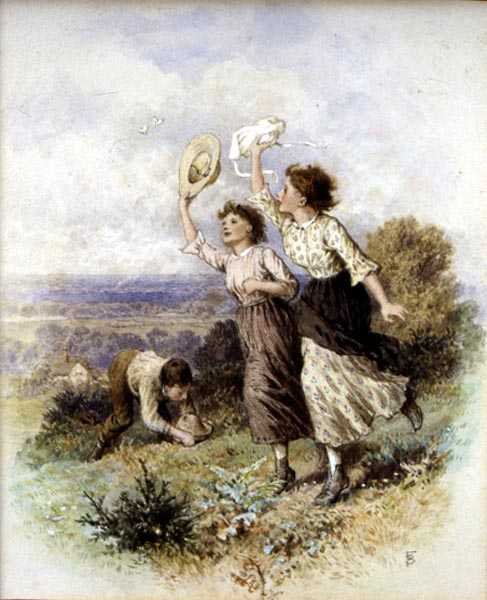 Å fange sommerfugler (akvarell på papir) av Myles Birket Foster