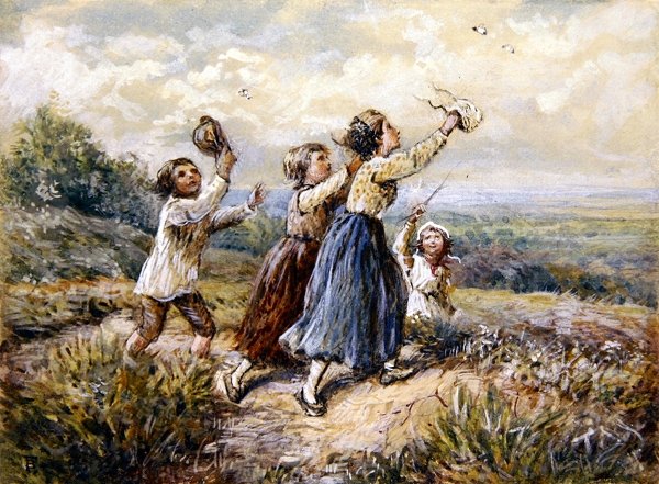 Barn som jager sommerfugler (gouache og akvarell på papir) av Myles Birket Foster