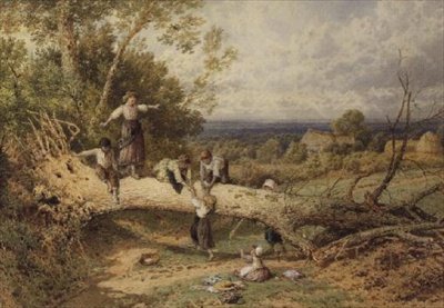 Barn som leker på et falt tre av Myles Birket Foster