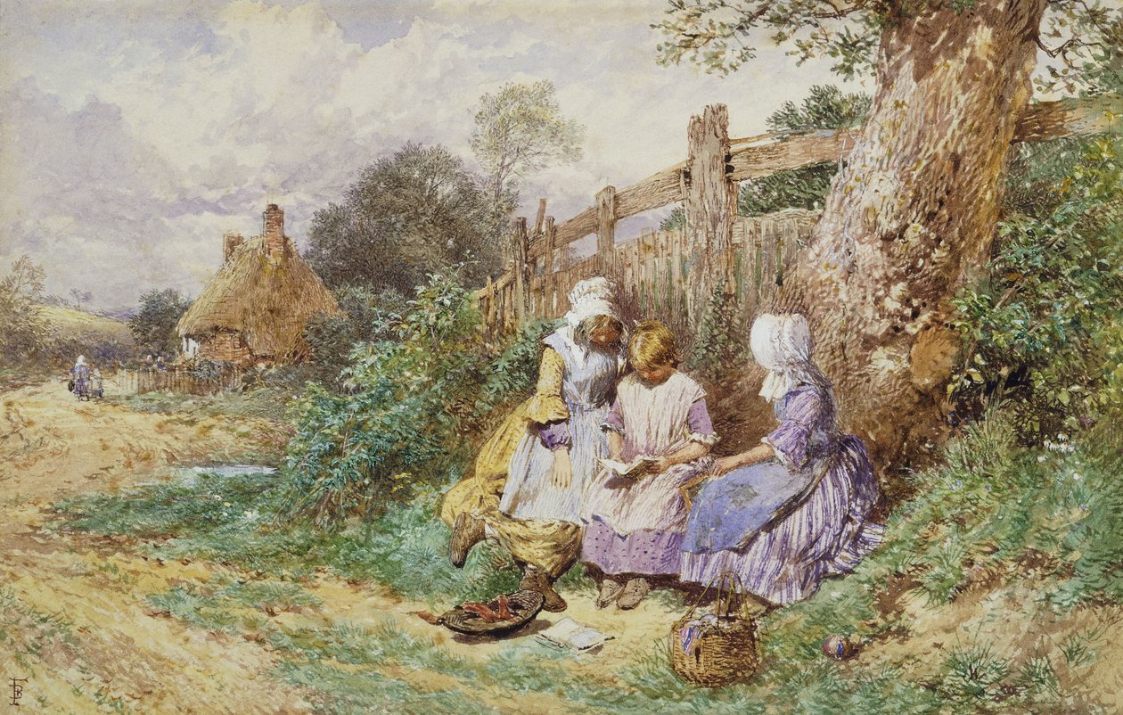 Barn som leser ved siden av en landevei, av Myles Birket Foster