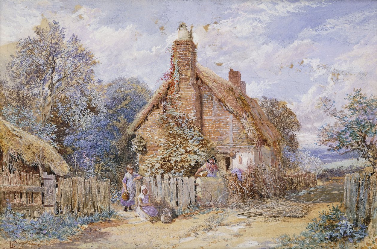 Barn ved en hytte med stråtak på Chiddingfold, av Myles Birket Foster