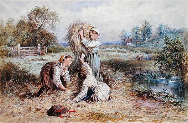 Barn som leker i en eng (akvarell på papir) av Myles Birket Foster