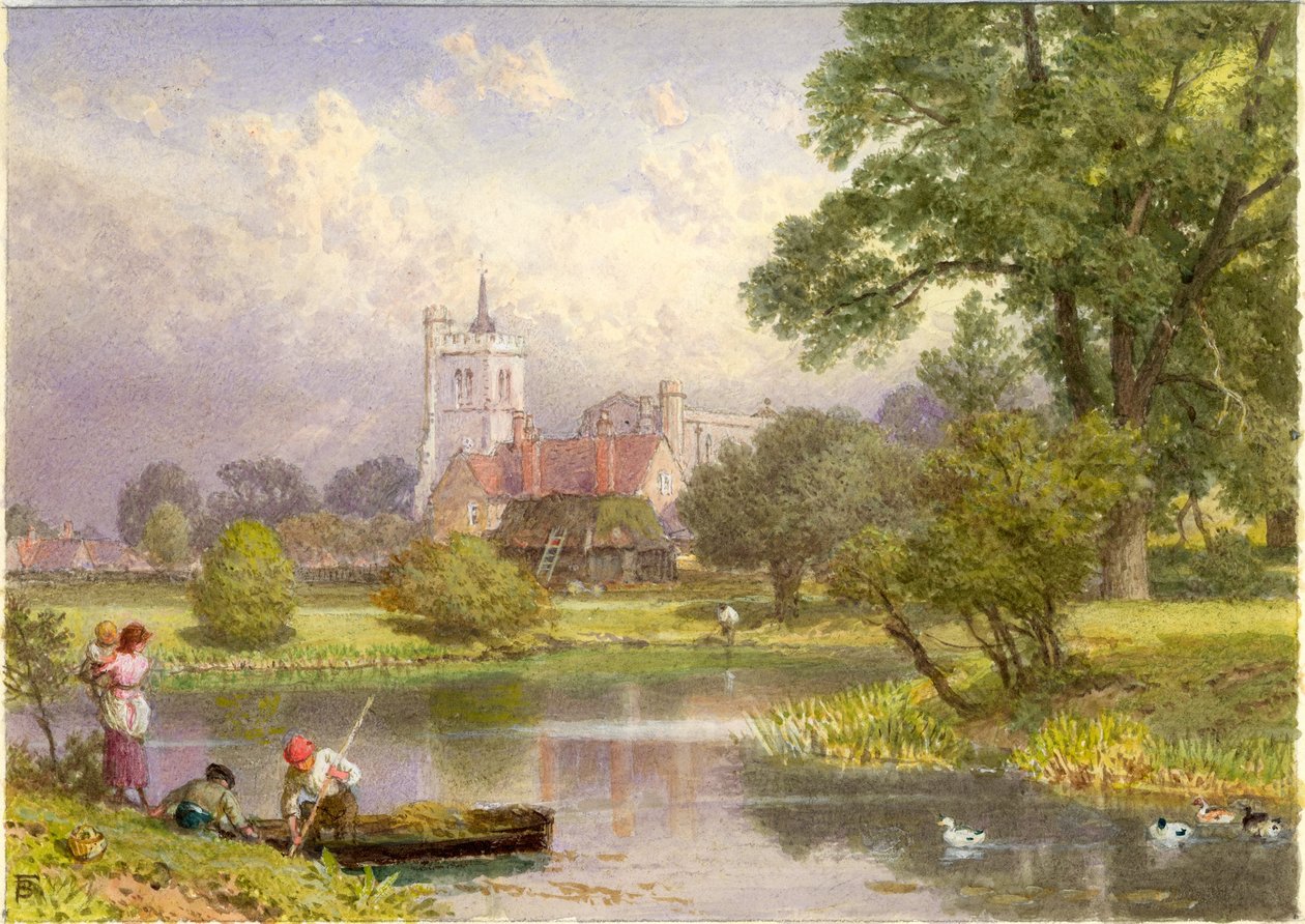 Elstow, Bedfordshire (John Bunyans fødested) (bc og wc på kort) av Myles Birket Foster
