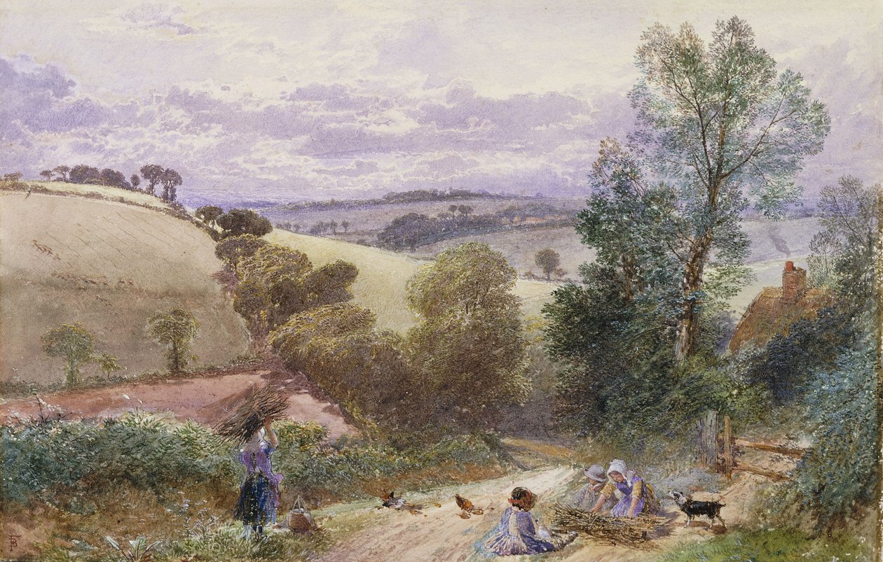 Figurer som samler kvister ved en vei av Myles Birket Foster