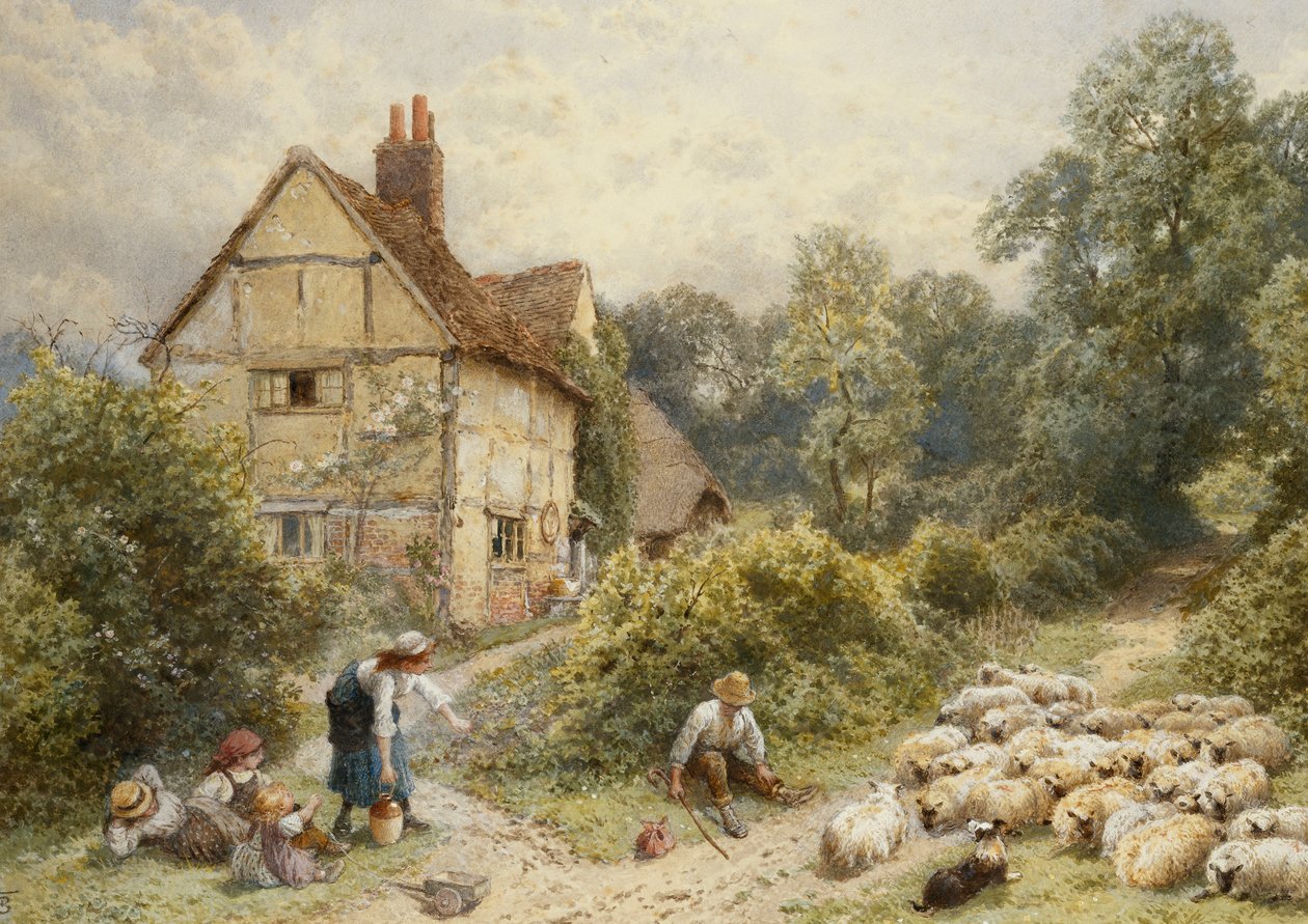 Fowl House Farm, Witley, med barn, en gjeter og en saueflokk i nærheten, av Myles Birket Foster
