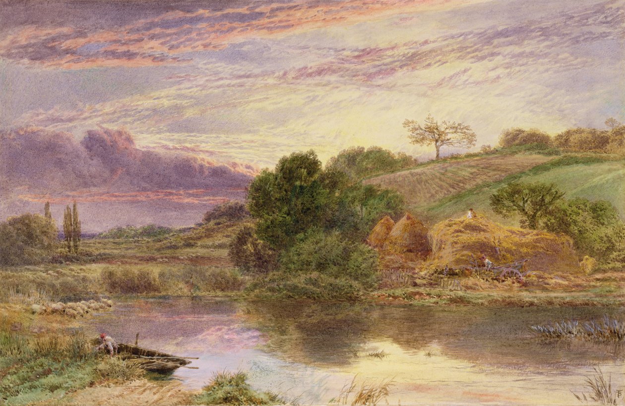 Haymakers Beside a River at Evening (akvarell forsterket med hvit) av Myles Birket Foster
