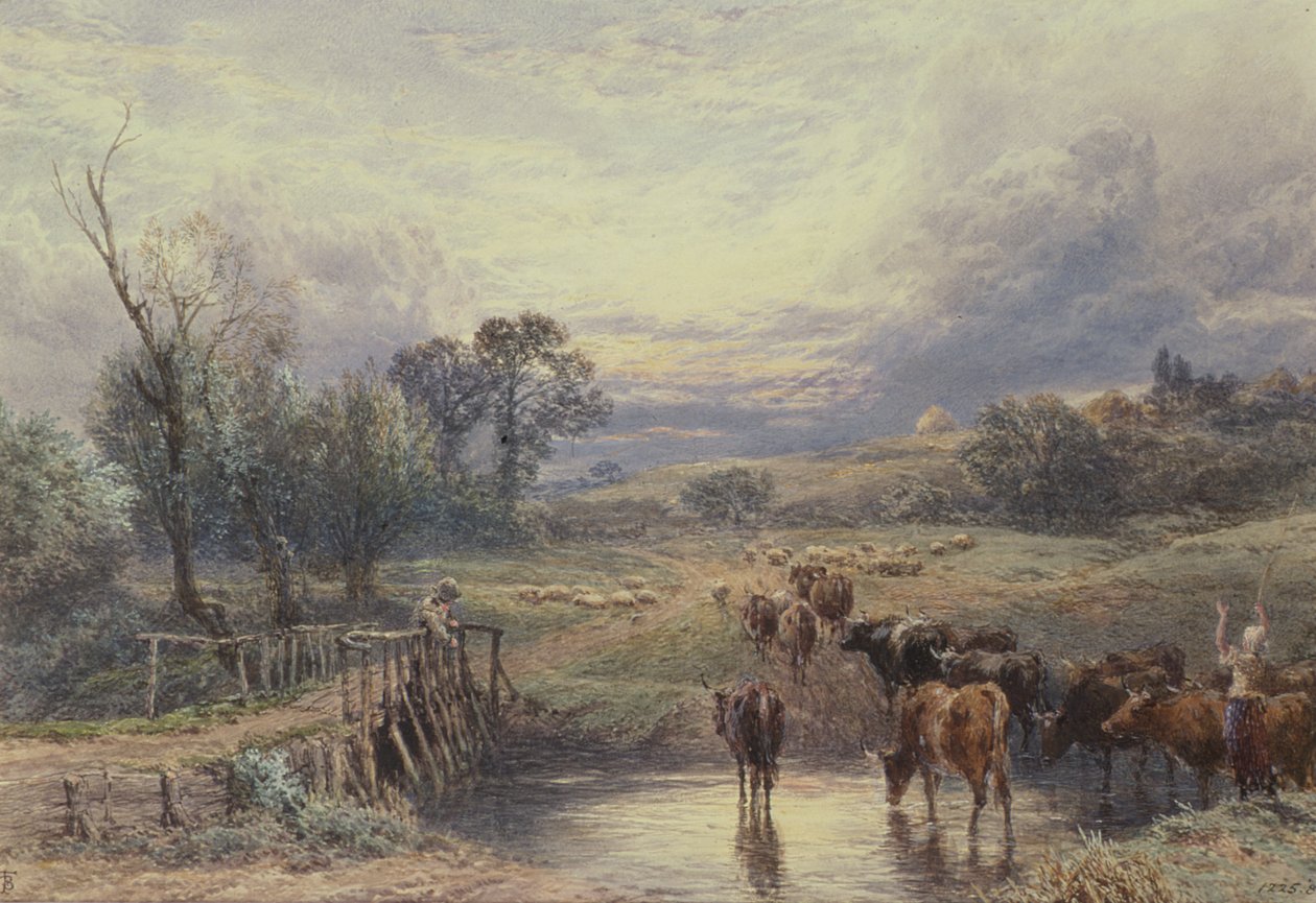Landskap med storfe og bro, 1800-tallet av Myles Birket Foster