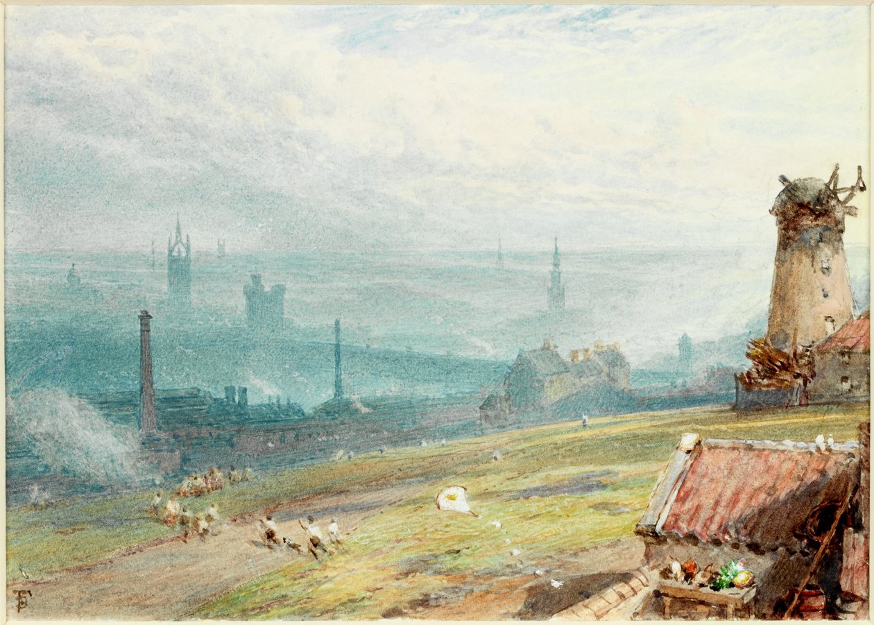 Newcastle upon Tyne fra Windmill Hills, Gateshead (kroppsfarge og akvarell på papir (limt om bord)) av Myles Birket Foster
