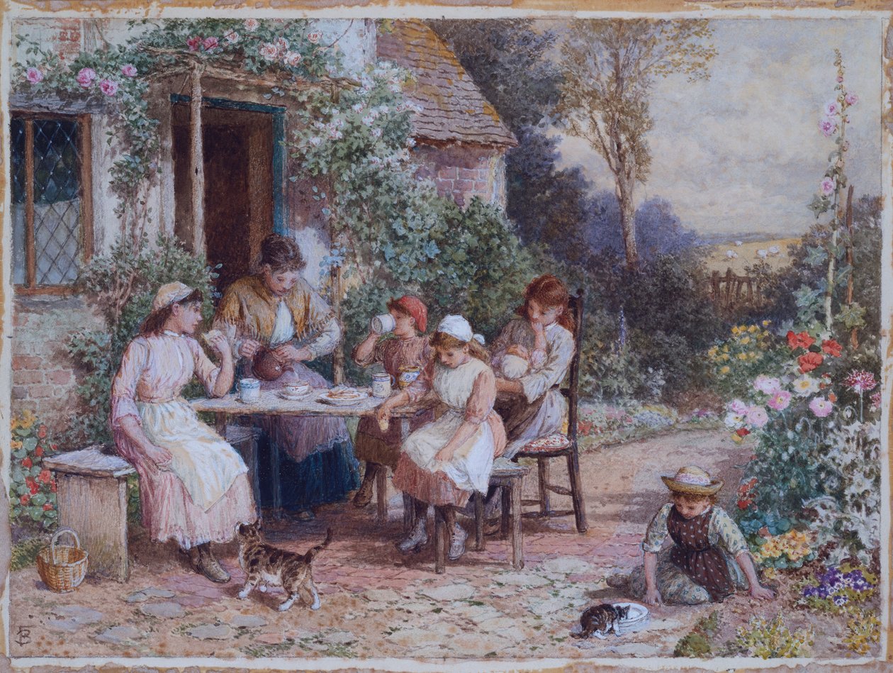 Teatime (blyant og akvarell forsterket med hvitt på kort) av Myles Birket Foster