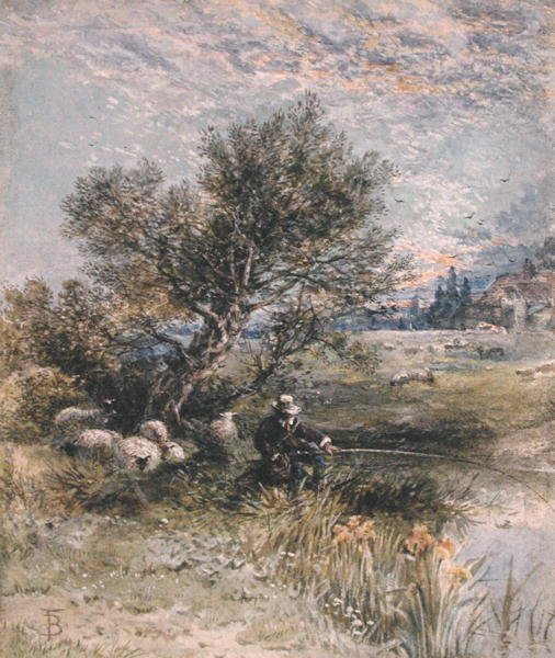 The Angler (akvarell med kroppsfarge på papir) av Myles Birket Foster