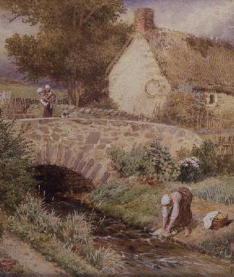 Kvinne som vasker klær i en bekk av Myles Birket Foster