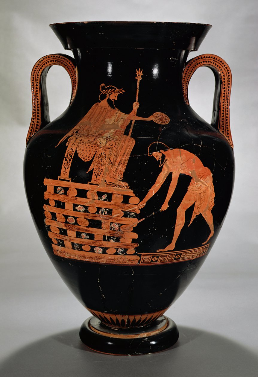 Loftsbukamfora med rød figur som viser Croesus på bålet hans, fra Vulci, ca. 500-490 f.Kr. (keramikk) av Myson