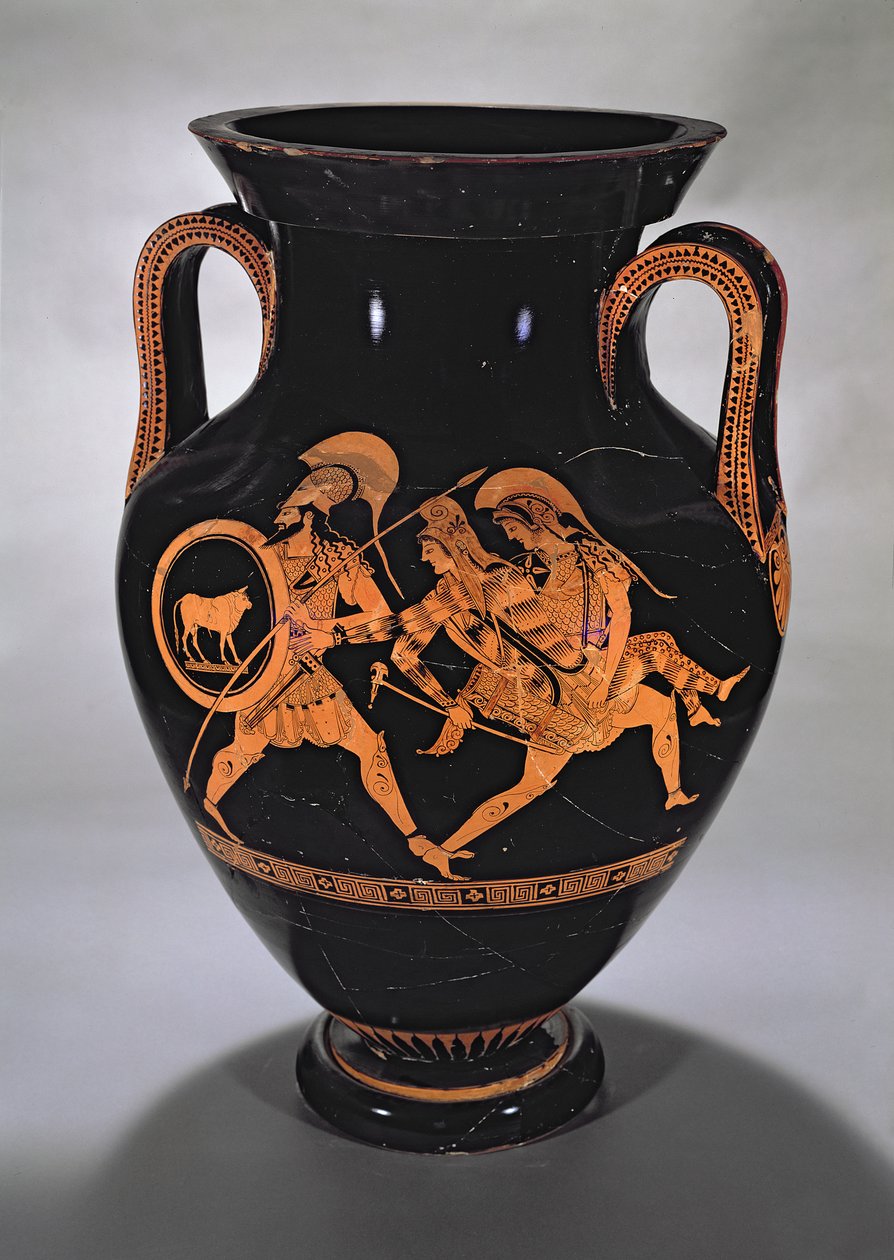 Loftsbukamfora med rød figur som viser bortføringen av Antiope med Theseus og Pirithous, ca. 500-490 f.Kr. (keramikk) av Myson