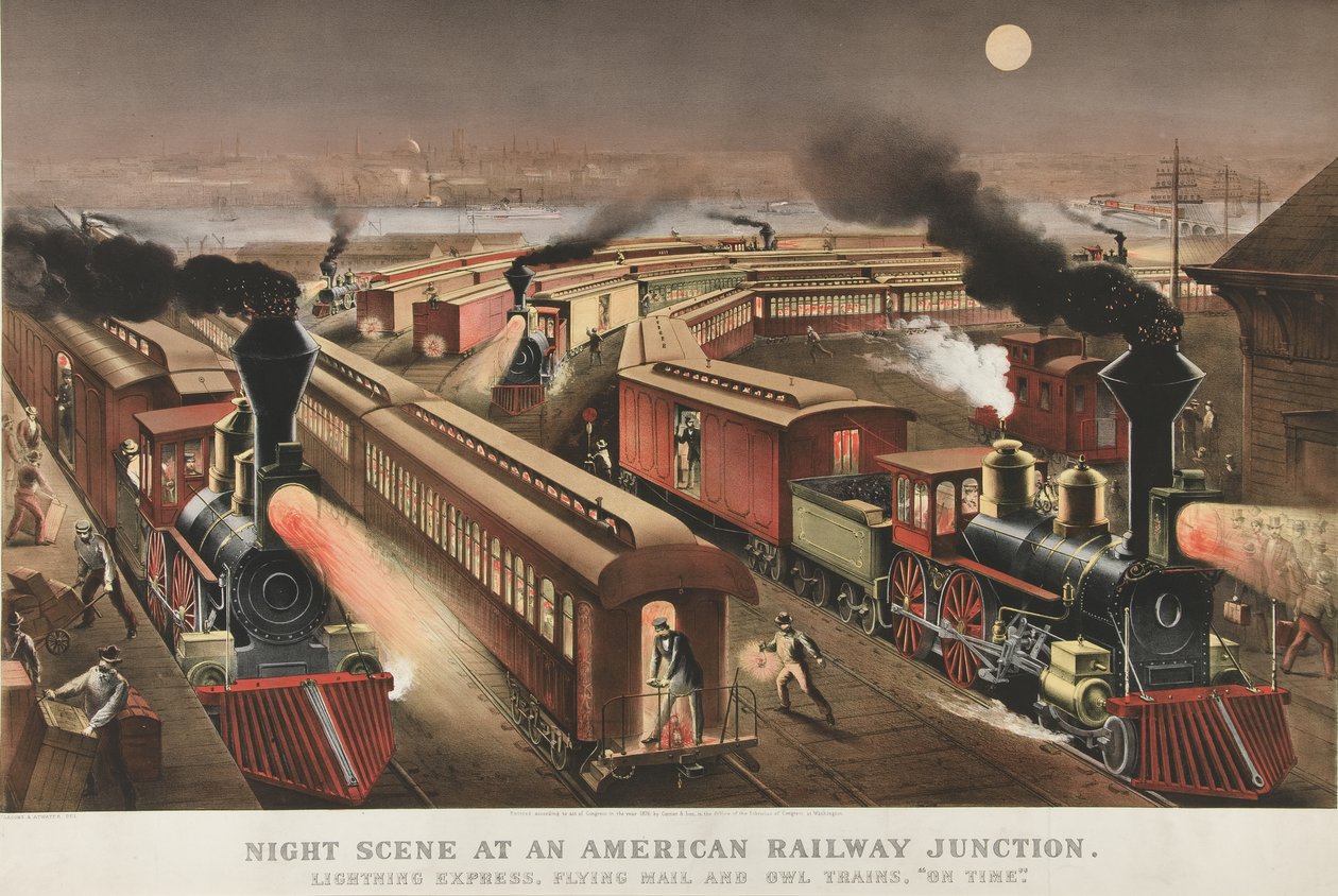Nattscene ved et amerikansk jernbanekryss, 1876 av Nathaniel Currier