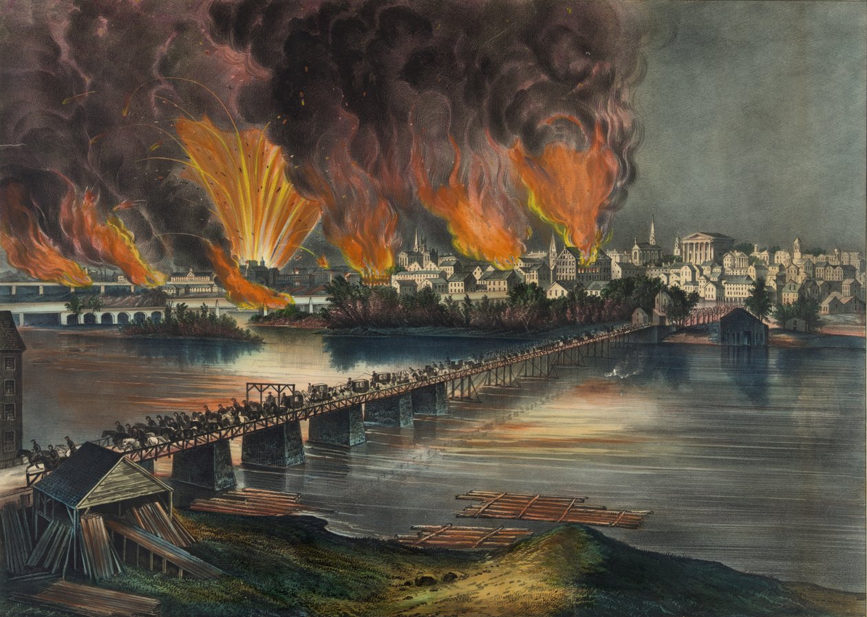 Fallet til Richmond, Virginia natt til 2. april 1865 av Nathaniel Currier