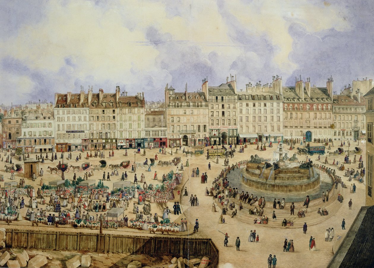 Utsikt over Place de la Republique og fontenen, 1848 (wc på papir) av N. Pelcocq