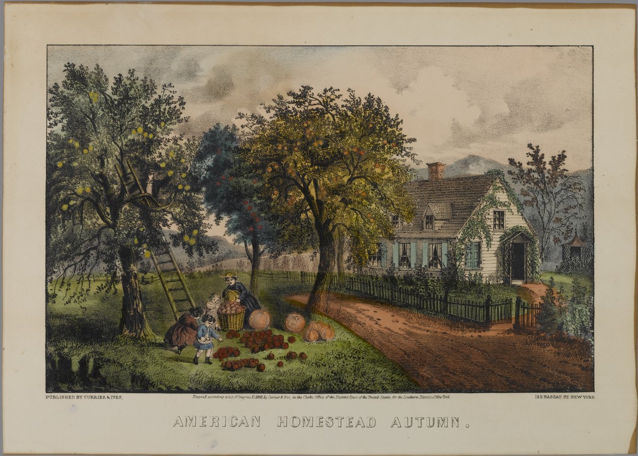 American Homestead Autumn, 1868-69 (håndfarget litho) av N. and Ives, J.M. Currier