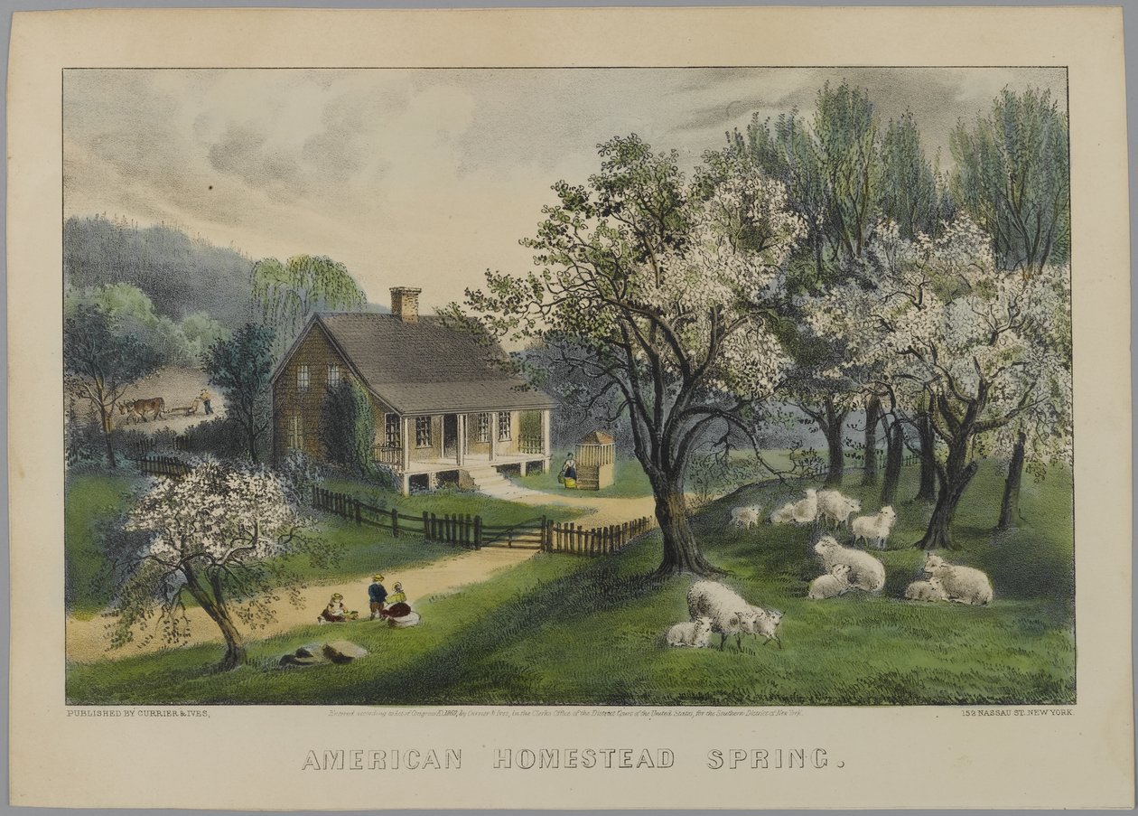American Homestead Spring, 1868-69 (håndfarget litho) av N. and Ives, J.M. Currier
