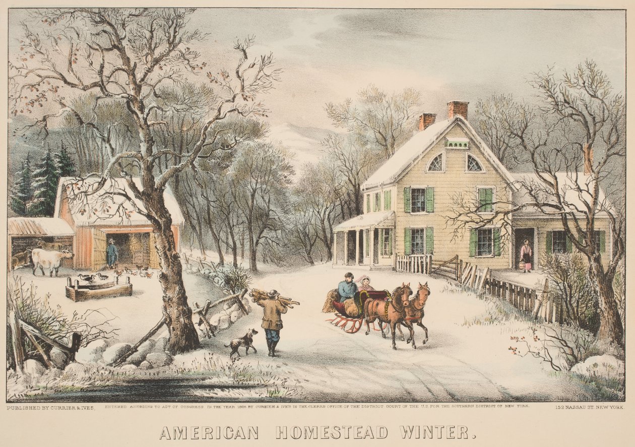 American Homestead Winter, 1868 (farget lito) av N. and Ives, J.M. Currier