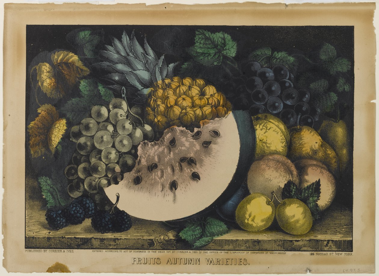 Fruits Autumn Varieties, 1871 (håndfarget litho) av N. and Ives, J.M. Currier