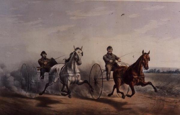 Hero and Flora Temple Swinging on the Home Stretch, i deres flotte kamp for $2000 over Centerville-banen, 1855 av N. and Ives, J.M. Currier