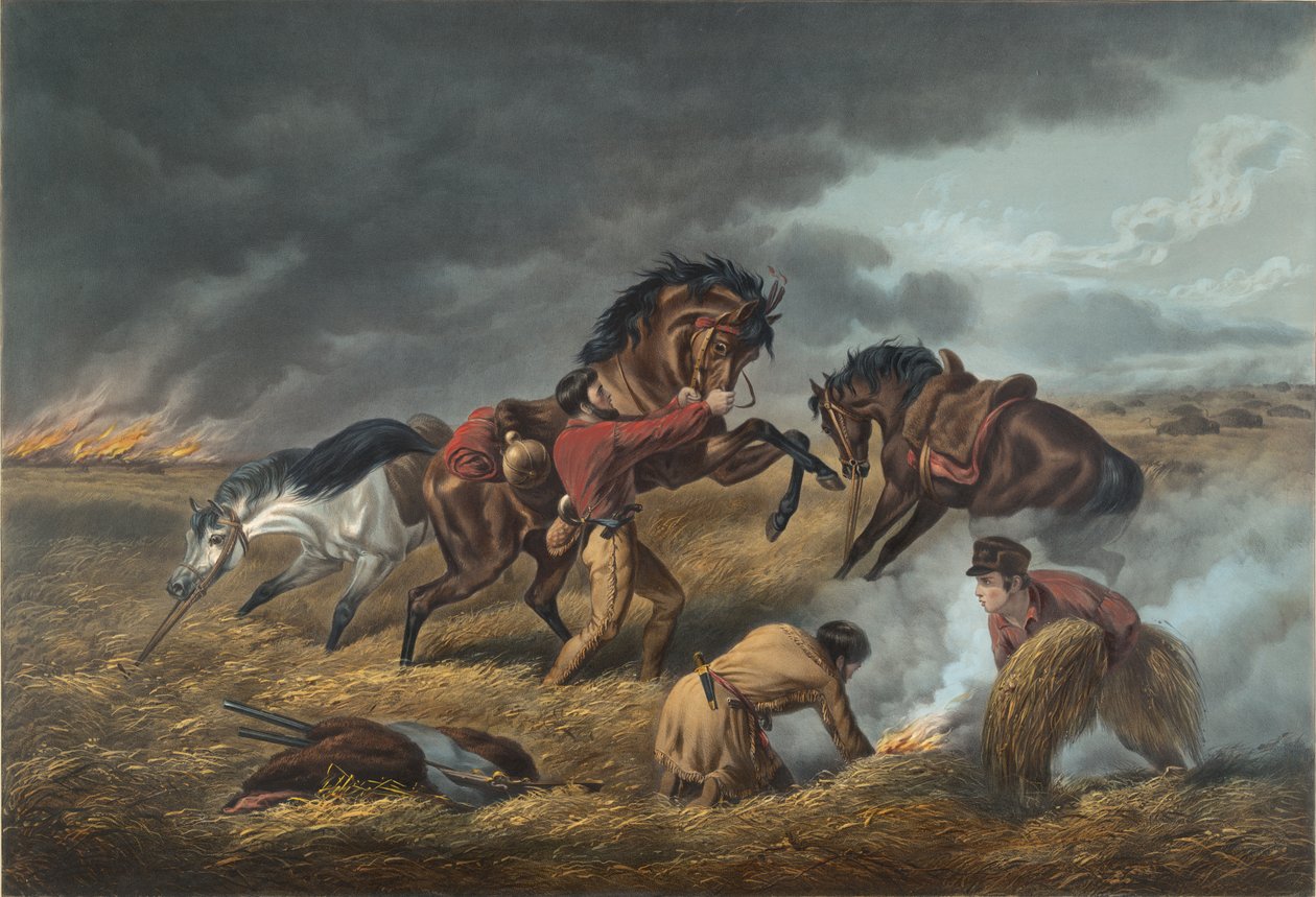 Life on the Prairie: The Trappers forsvar, "Fire fight Fire, 1862 av N. and Ives, J.M. Currier