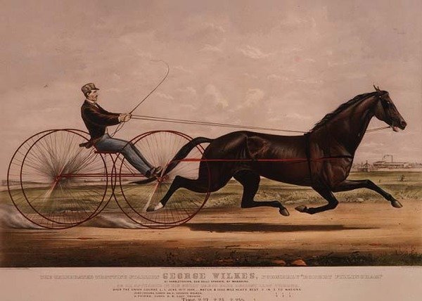 Den feirede travhingsten George Wilkes, da han dukket opp i sitt store vognløp mot Lady Thorne, 14. juni 1866, av N. and Ives, J.M. Currier