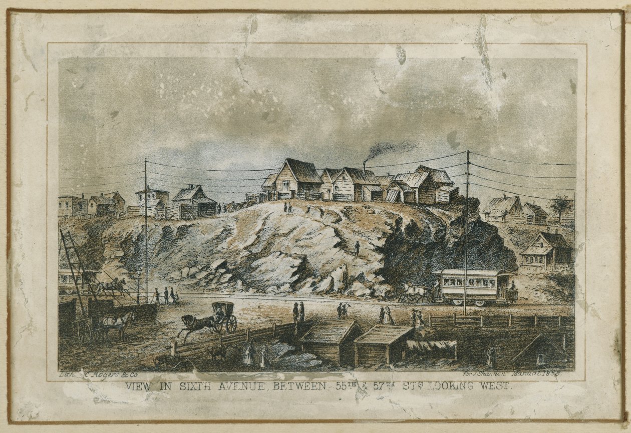 Utsikt i Sixth Avenue, mellom 55th og 57th Streets vestover, 1858 av N. and Ives, J.M. Currier