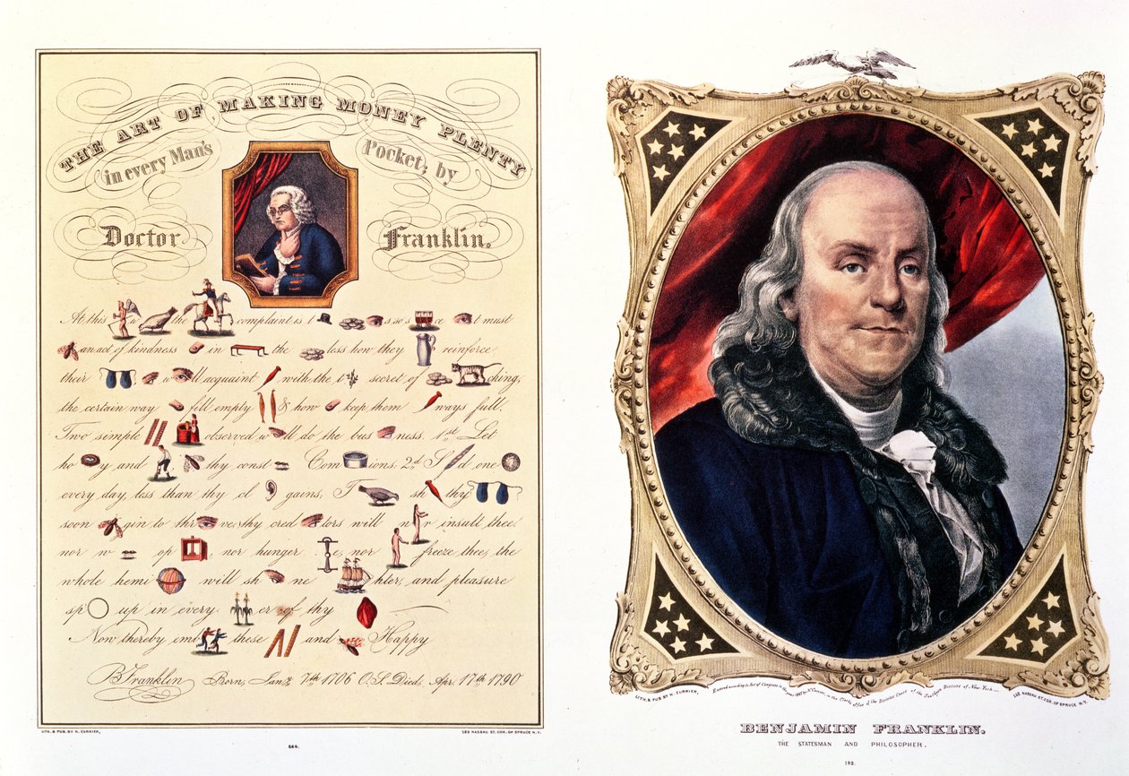 Benjamin Franklin (1706-90) 1847 (se også 210044) av N. and Ives, J.M. Currier