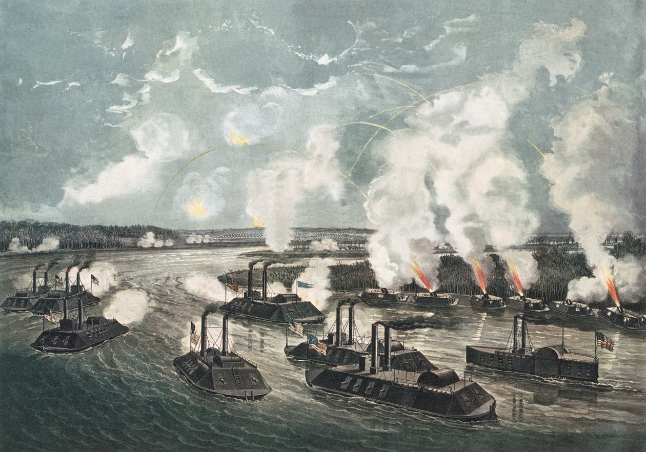 Bombardement og fangst av øy nr. 10 ved Mississippi-elven, 7. april 1862 av N. and Ives, J.M. Currier