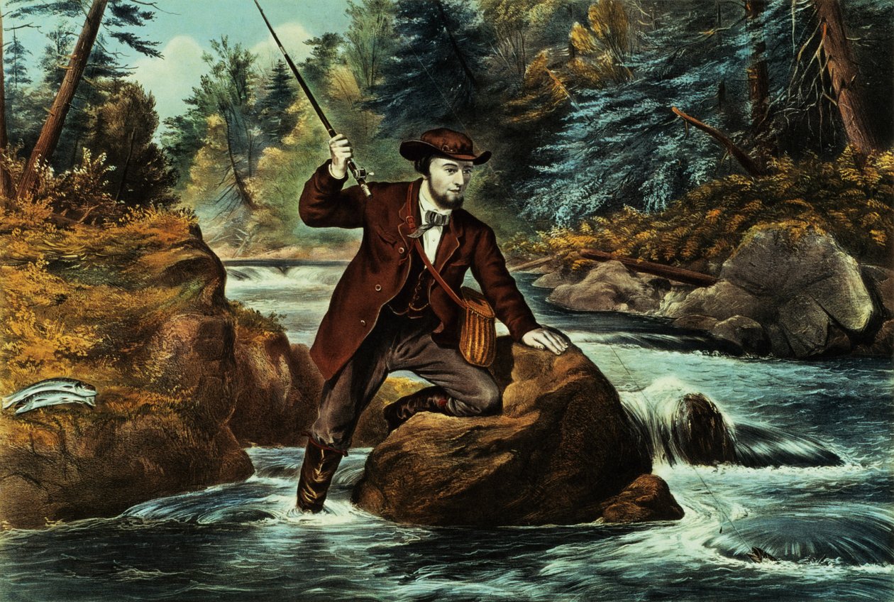 Bekkeørretfiske - et engstelig øyeblikk, 1862 av N. and Ives, J.M. Currier