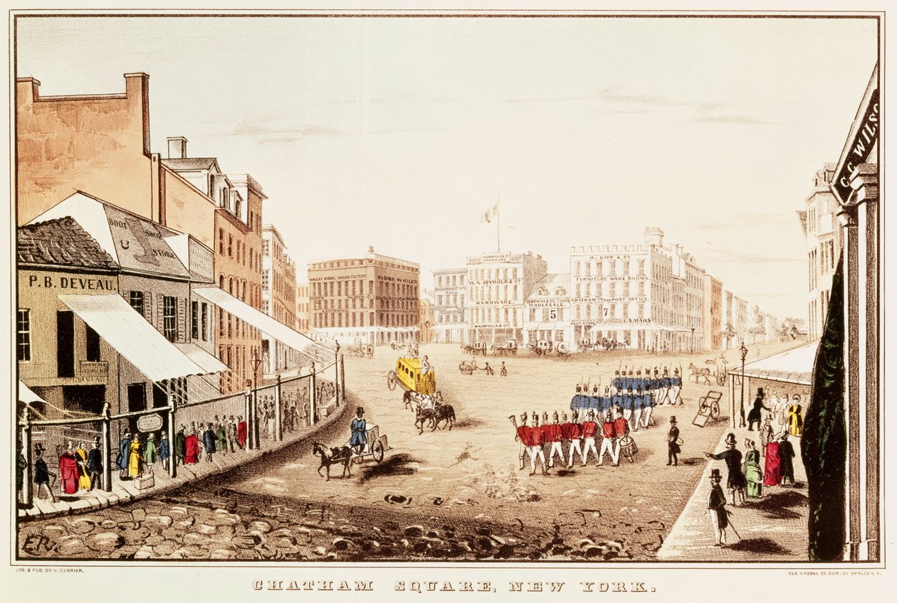 Chatham Square, New York av N. and Ives, J.M. Currier