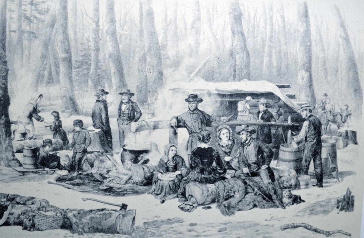 Currier & Ives Illustrasjon 1800-tallet. American Forest Scene, Maple Sugaring av N. and Ives, J.M. Currier
