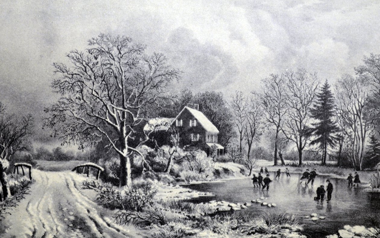Currier & Ives Illustrasjon 1800-tallet. Tidlig vinter av N. and Ives, J.M. Currier