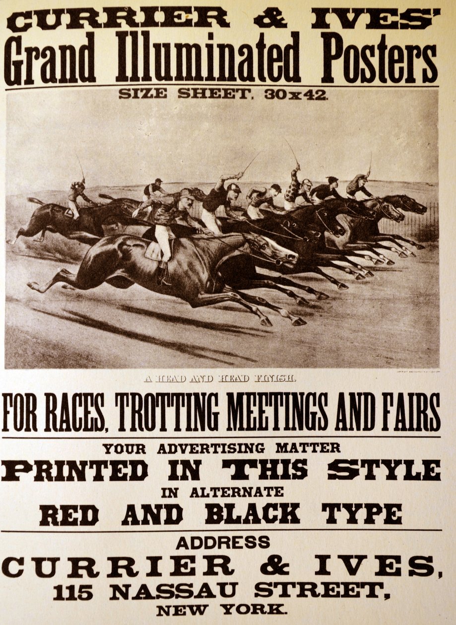 Currier & Ives Illustrasjon 1800-tallet. Store opplyste plakater for løp, travstevner og messer av N. and Ives, J.M. Currier