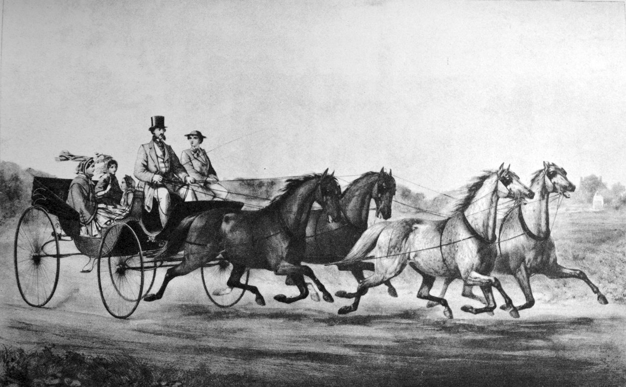 Currier & Ives Illustrasjon 1800-tallet. MINER,STEVENS & CO, Førsteklasses vogner og lett vogn av N. and Ives, J.M. Currier