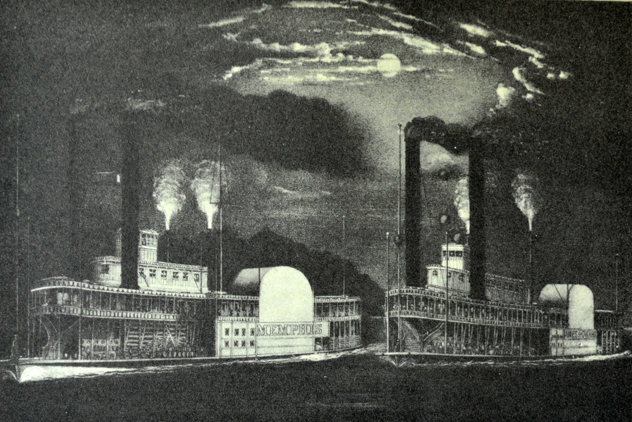 Currier & Ives Illustrasjon 1800-tallet. Midnattsløp på Mississippi av N. and Ives, J.M. Currier