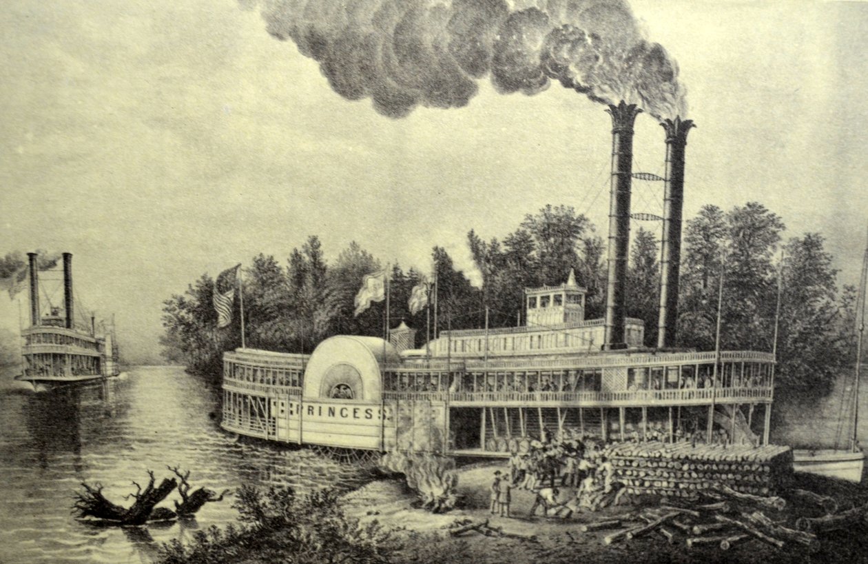 Currier & Ives Illustrasjon 1800-tallet. Mississippi hjuldamper av N. and Ives, J.M. Currier