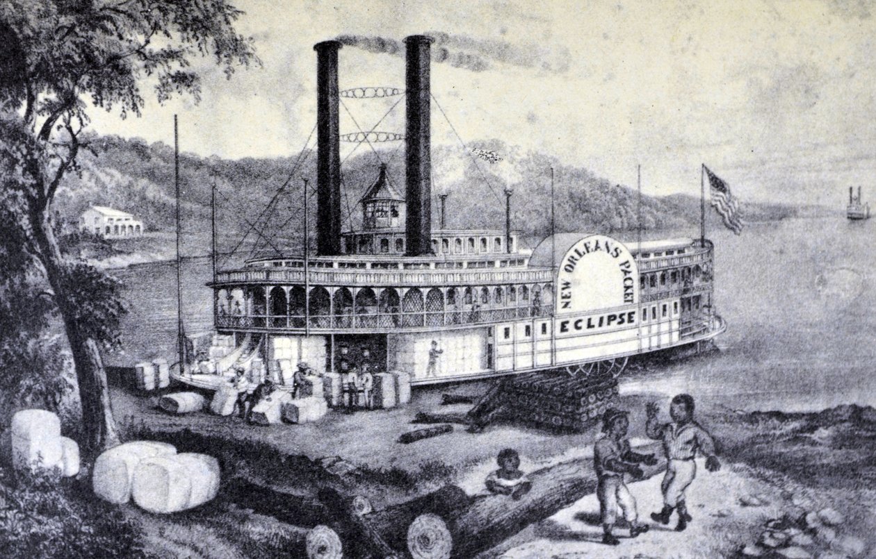Currier & Ives Illustrasjon 1800-tallet. På Mississippi, laster bomull av N. and Ives, J.M. Currier