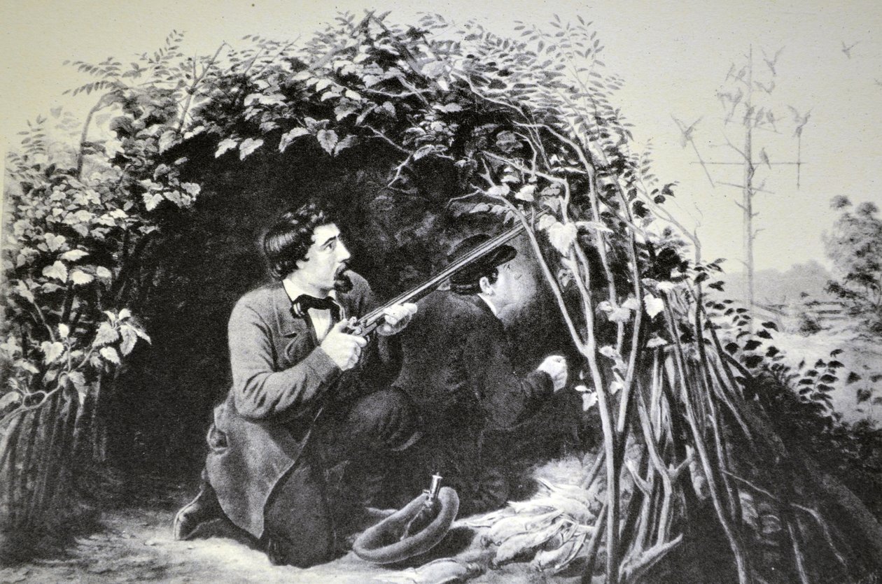 Currier & Ives Illustrasjon 1800-tallet. Dueskyting, leke lokkefugl av N. and Ives, J.M. Currier