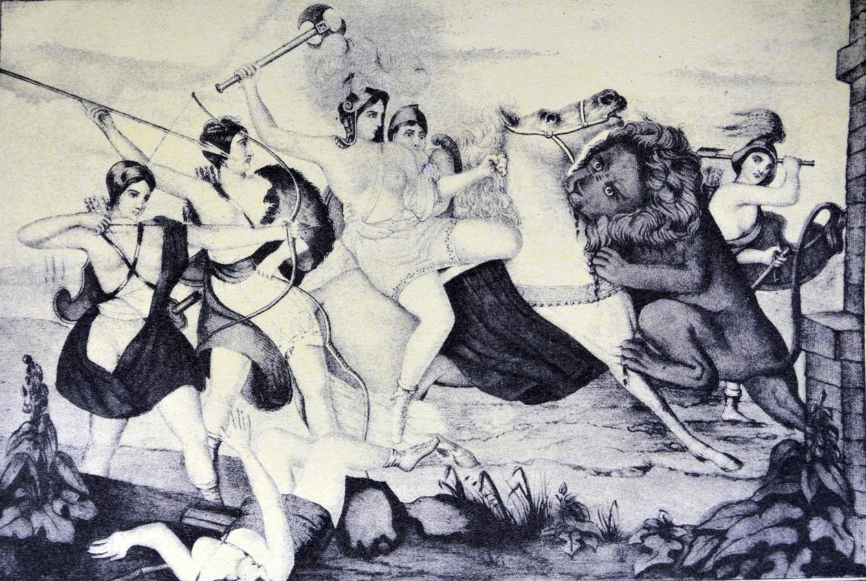 Currier & Ives Illustrasjon 1800-tallet. Queen of the Amazons angrepet av en løve av N. and Ives, J.M. Currier