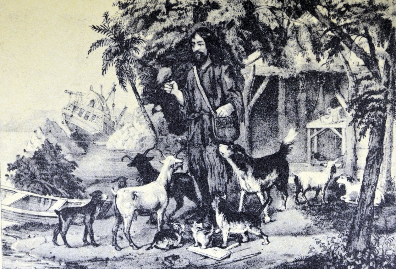 Currier & Ives Illustrasjon 1800-tallet. Robinson Crusoe og kjæledyrene hans av N. and Ives, J.M. Currier