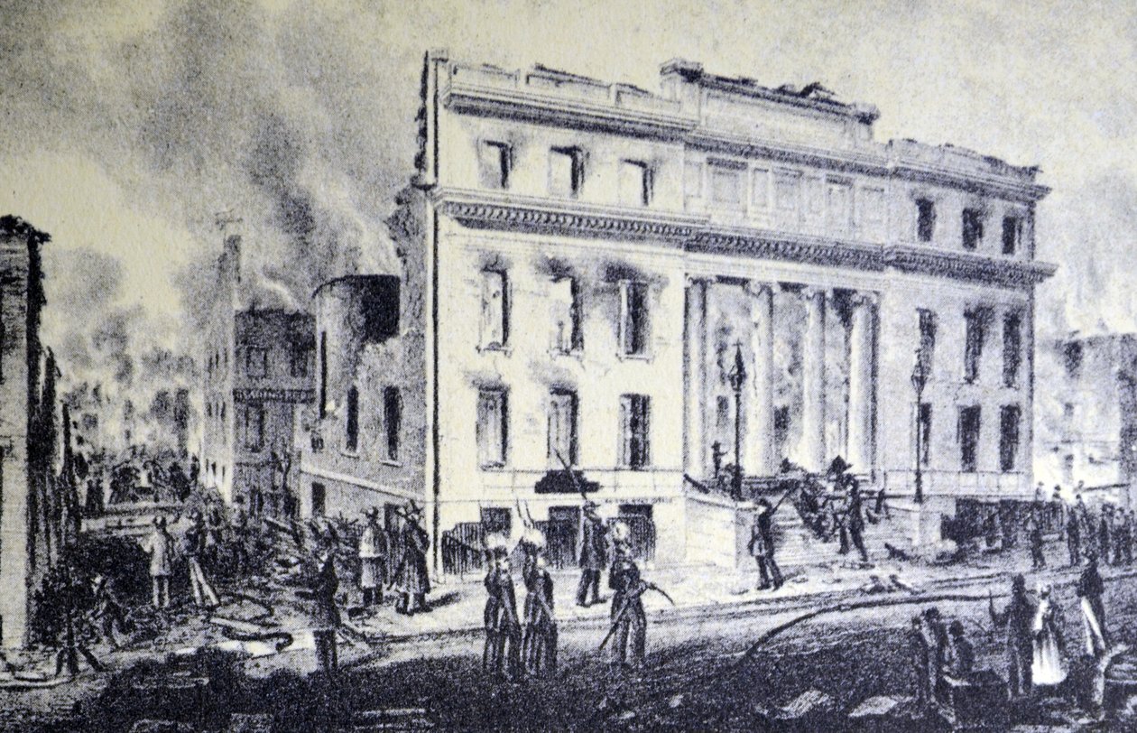 Currier & Ives Illustrasjon 1800-tallet. Ruinene av Merchants Exchange, New York av N. and Ives, J.M. Currier