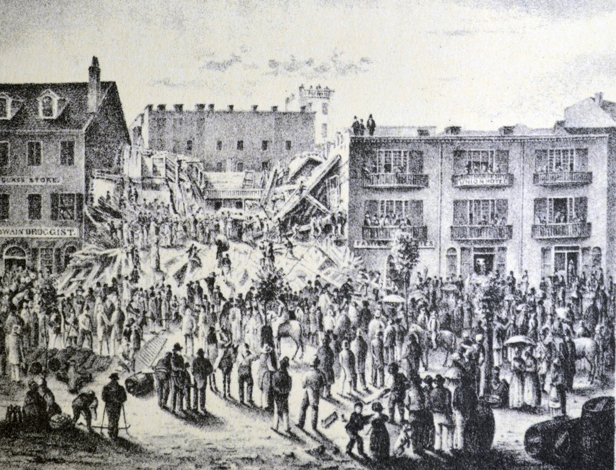 Currier & Ives Illustrasjon 1800-tallet. Ruinene av Planters Hotel, New Orleans av N. and Ives, J.M. Currier