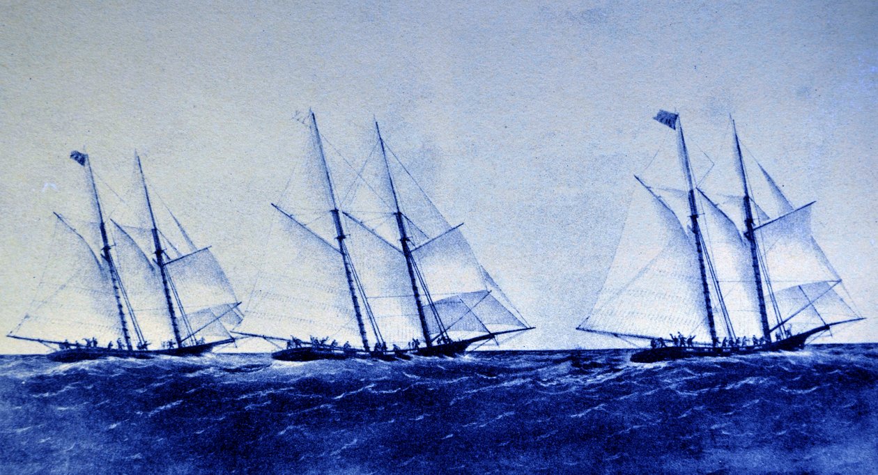 Currier & Ives Illustrasjon 1800-tallet. The Great Ocean Yacht Race mellom Henrietta, Fleetwing og Vesta av N. and Ives, J.M. Currier