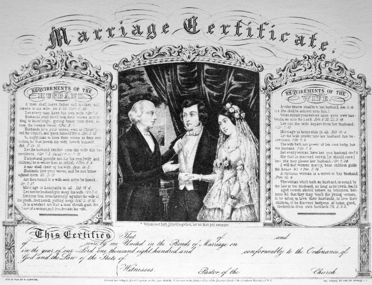 Currier & Ives Illustrasjon 1800-tallet. Ekteskapsattesten av N. and Ives, J.M. Currier