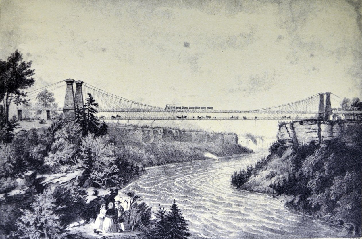 Currier & Ives Illustrasjon 1800-tallet. The Railroad Suspension Bridge, nær Niagara Falls. av N. and Ives, J.M. Currier
