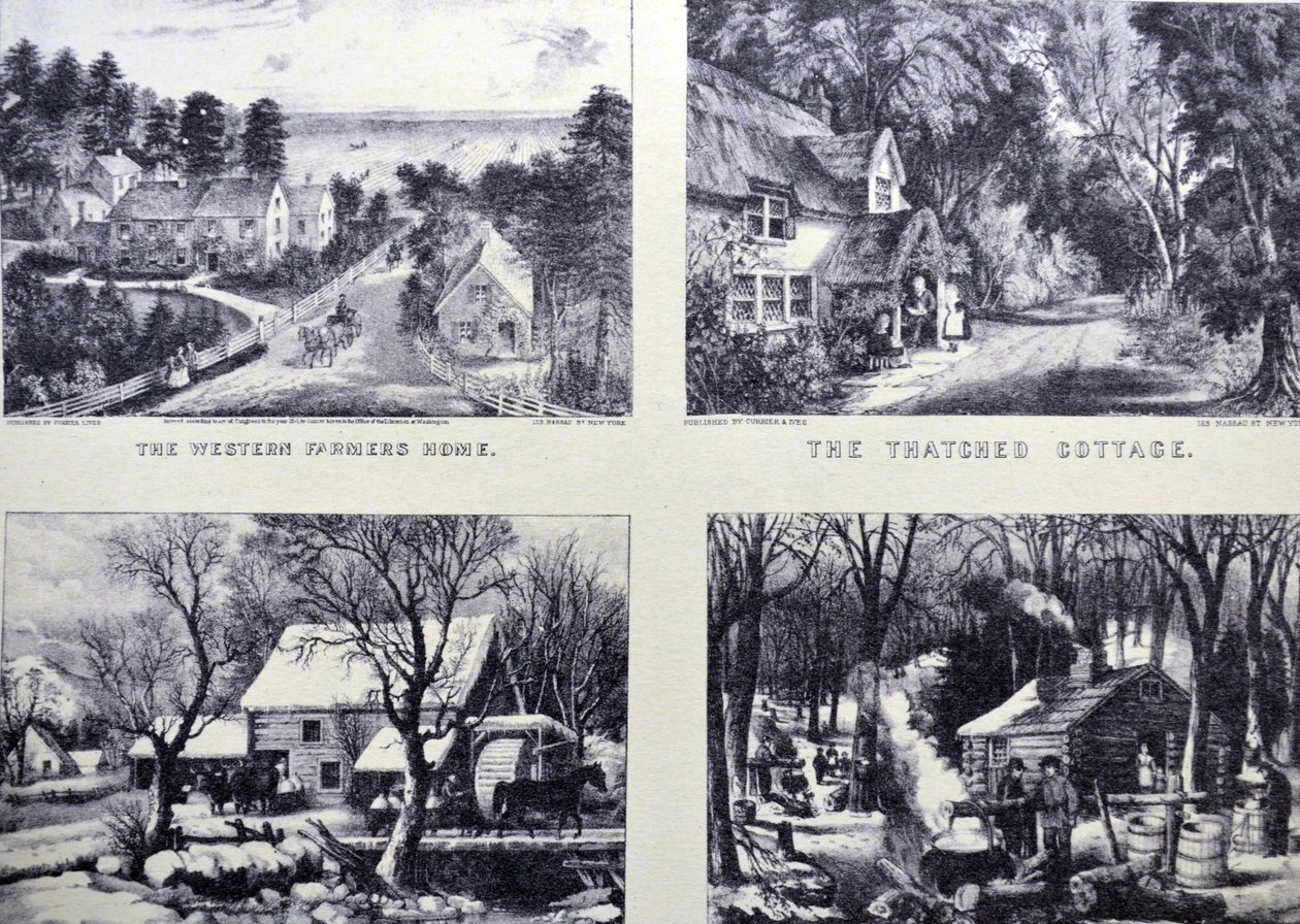 Currier & Ives Illustrasjon 1800-tallet. The Western Farmers Home; The Thatched Cottage; Frosset opp; Maple Sugaring, tidlig vår i Northern Wood av N. and Ives, J.M. Currier