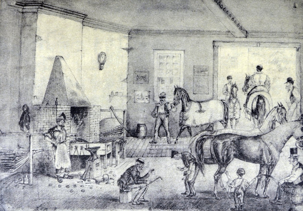 Currier & Ives Illustrasjon 1800-tallet. Trav sprekker ved Forge (original tegning av Thomas Worth, som trykket ble laget av.) av N. and Ives, J.M. Currier