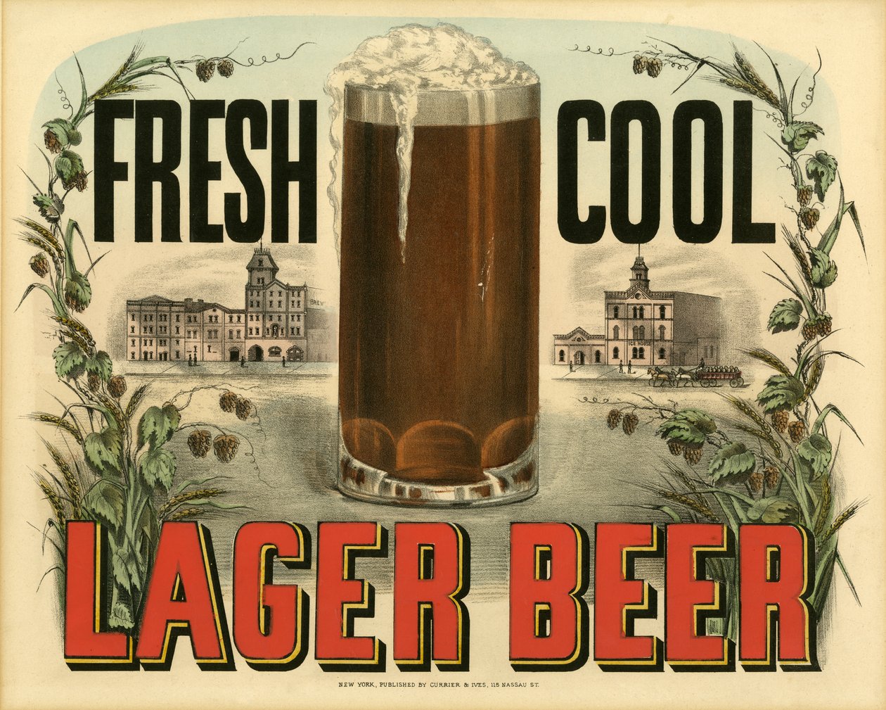 Fresh Cool Lager Beer, (litografi) av N. and Ives, J.M. Currier